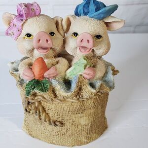 Cute Happy Baby Pigs in Burlap Sack Resin Figurine 6" Farmhouse Decor Piglets